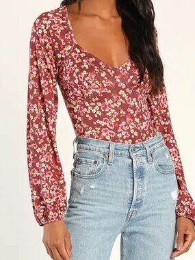 Lulus Blossom Beauty Burgundy Floral Print Long Sleeve Bodysuit Medium